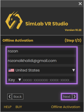 Click on the Offline Activation link at the bottom of the dialog, then fill the field such as Name, email...etc, and select Key then click Next.