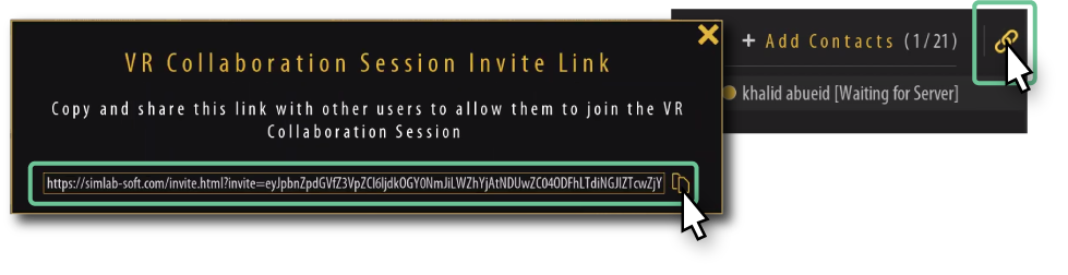 In addition to selecting contacts to invite them, you can generate a link that will open the session directly and guide the user to install the VR Viewer