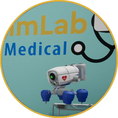 Guided by a flying robot, you'll navigate from the expo entrance to four unique booths, each showcasing advanced medical VR simulations