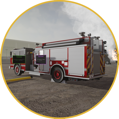 Users collaborate to learn firefighting skills in VR, focusing on attaching hydrants and hoses, controlling the pump, and opening valves to extinguish fires, fostering preparedness for real-world firefighting scenarios