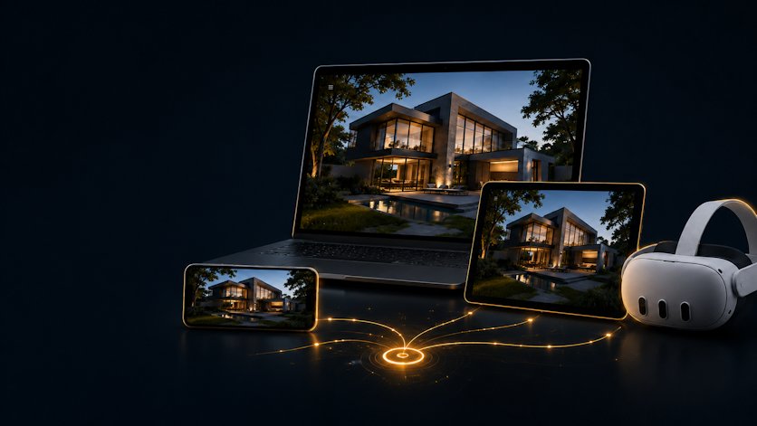 A SimLab VR presentation joined across phone, laptop, and VR headset — no special equipment needed