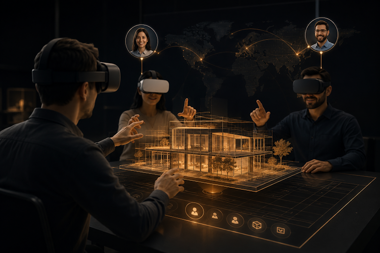 Multiple people collaborating live inside the same SimLab VR presentation room