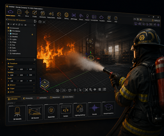 A fire training scenario being built in SimLab Composer 16 — firefighter aiming a hose at a spreading fire inside the no-code editor
