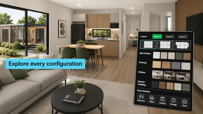 Buyer exploring every configuration of colors, layouts and finishes inside a VR manufactured home