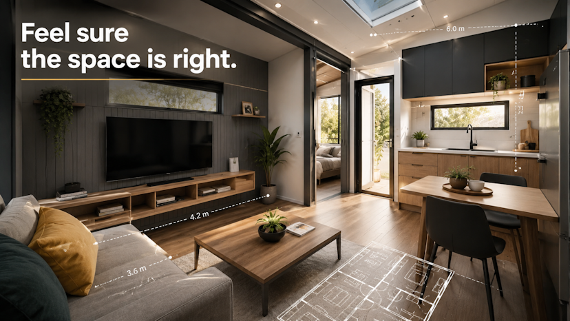 Modern manufactured home living room shown in SimLab VR so buyers feel sure the space is right