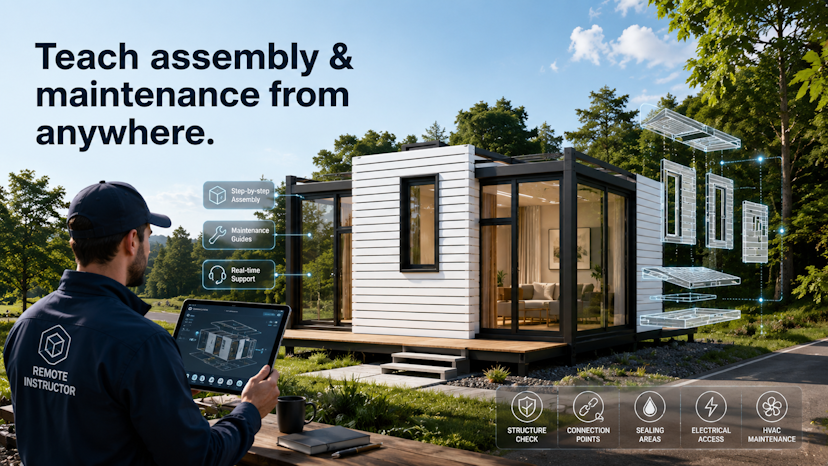 Technician beside a modular home learning to teach assembly and maintenance in VR from anywhere