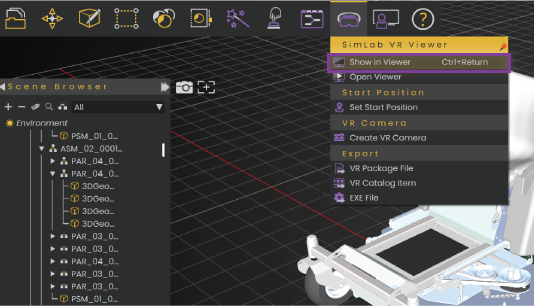 Go to VR Viewer, Show in Viewer, Note: If SimLab VR Viewer is not installed, VR Studio will give you a link to install it first